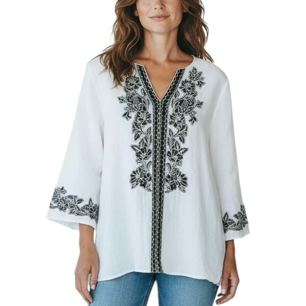 Chico's White & Black Floral Linen Blend Embroidered Blouse Top 8/10 M